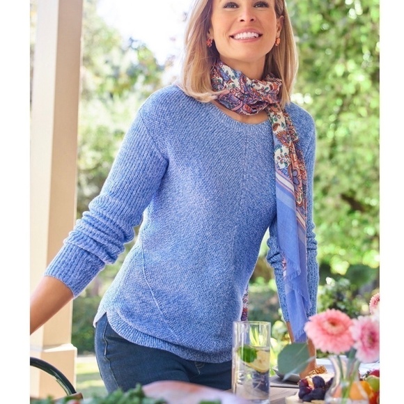 Talbots Shaker Stitch Sweater Pima Cotton Marled Blue Crew Neck Size Small - Picture 4 of 11